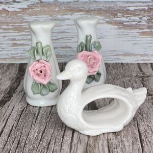 *VTG* Rose Salt & Pepper Shakers + Duck Napkin Ring , Duck Napkin Holder